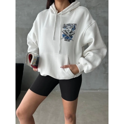 3 iplik şardonlu oversize kafa baskılı sweat beyaz