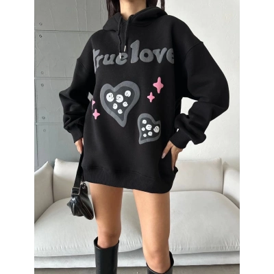 3 iplik şardonlu oversize true baskılı sweat siyah