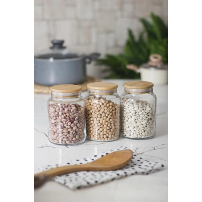 3 Lü Set Bambu Kapaklı Cam Kavanoz & Erzak Saklama Kabı 800 ml Orta  Boy ( Vakum Kapak )