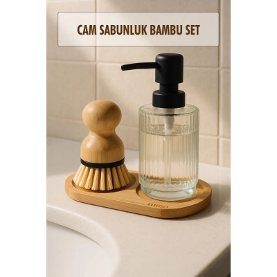 3 Parça Bambu Altlıklı Sabunluk ve Temizlik Fırça Seti