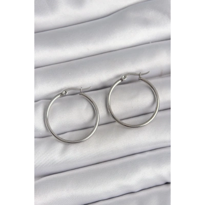 316 Çelik Gümüş Renk 27 mm Halka Model Kadın Küpe