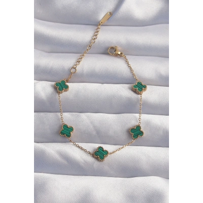 316L Çelik Baby Boy Gold Renk Çizgili Yeşil Mineli Yonca Bileklik