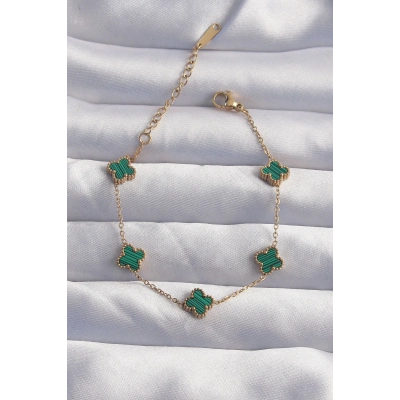 316L Çelik Baby Boy Gold Renk Çizgili Yeşil Mineli Yonca Bileklik