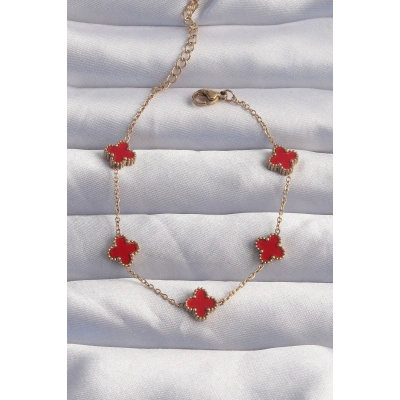 316L Çelik Baby Boy Gold Renk Kırmızı Mineli Yonca Bileklik