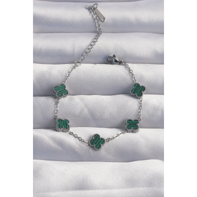 316L Çelik Baby Boy Gümüş Renk Çizgili Yeşil Mineli Yonca Bileklik