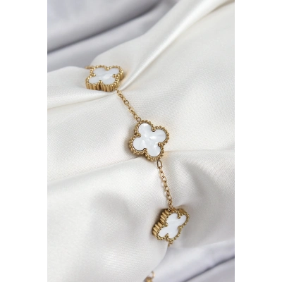 316L Çelik Beyaz Sedef Yonca Model Gold Renk Kadın Bileklik