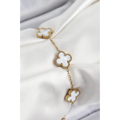 316L Çelik Beyaz Sedef Yonca Model Gold Renk Kadın Bileklik