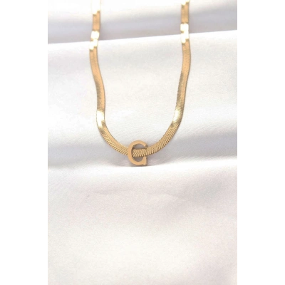 316L Çelik C Harfli Gold Renk İtalyan Zincirli Kolye