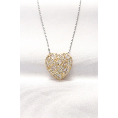 316L Çelik Çift Renk Zirkon Taşlı Kalp Kolye