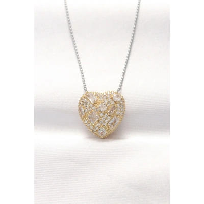 316L Çelik Çift Renk Zirkon Taşlı Kalp Kolye