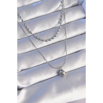 316L Çelik Çift Zincirli Gümüş Renk Topçuk Model Kolye