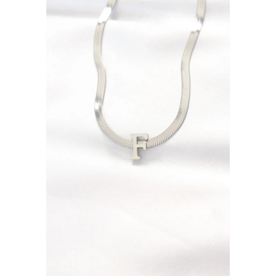 316L Çelik F Harfli Silver Renk İtalyan Zincirli Kolye