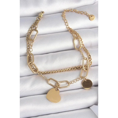 316L Çelik Gold Renk 2Li Zincir Model Sallantı Kalp Figür Kadın Bileklik