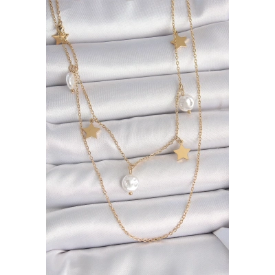 316L Çelik Gold Renk 2Li Zincir Sallantı Yıldız İnci Model Kadın Kolye