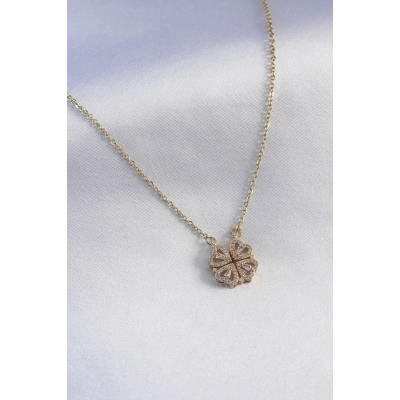 316L Çelik Gold Renk Açılır Zirkon Taşlı Yonca Model Kadın Kolye