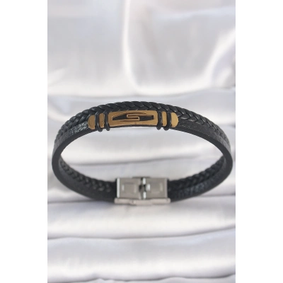 316L Çelik Gold Renk Aksesuarlı Çift Sıra Siyah Burgu Desenli Deri Kordon Erkek Bileklik