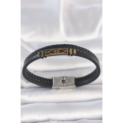 316L Çelik Gold Renk Aksesuarlı Çift Sıra Siyah Burgu Desenli Deri Kordon Erkek Bileklik