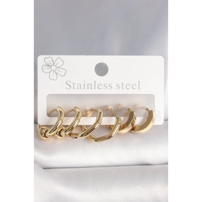 316L Çelik Gold Renk Altıgen Halka Model Kadın Küpe Seti