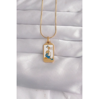 316L Çelik Gold Renk Beyaz Mineli Kız Figür Tarot Kolye