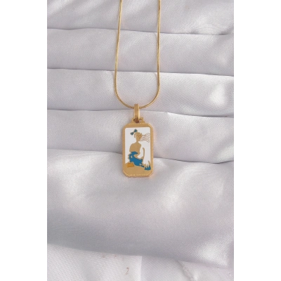 316L Çelik Gold Renk Beyaz Mineli Kız Figür Tarot Kolye