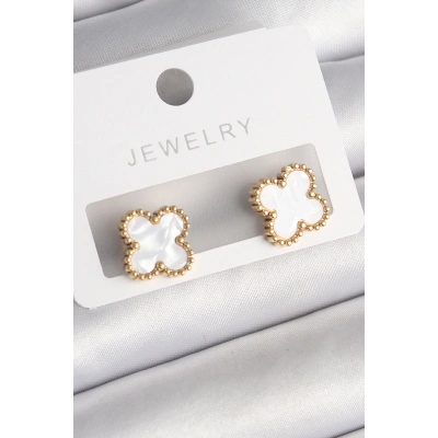 316L Çelik Gold Renk Beyaz Minelik Yonca Model Kadın Küpe