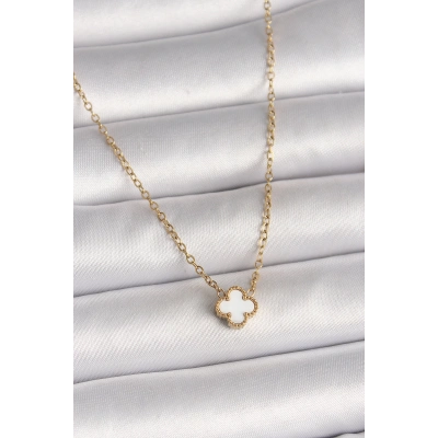 316L Çelik Gold Renk Beyaz Yonca Model Kadın Kolye