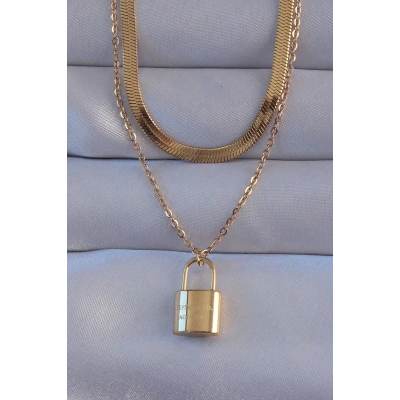 316L Çelik Gold Renk Çift Zincir Kilit Model Kolye
