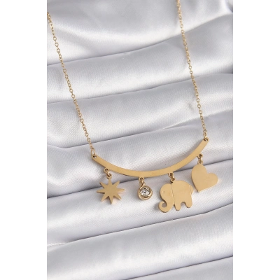 316L Çelik Gold Renk Fil Figür Zirkon Taş Detay Kadın Kolye