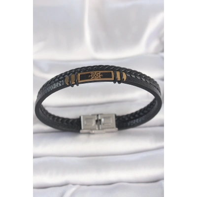 316L Çelik Gold Renk Gemi Dümeni Aksesuarlı Çift Sıra Burgu Desenli Deri Kordon Erkek Bileklik