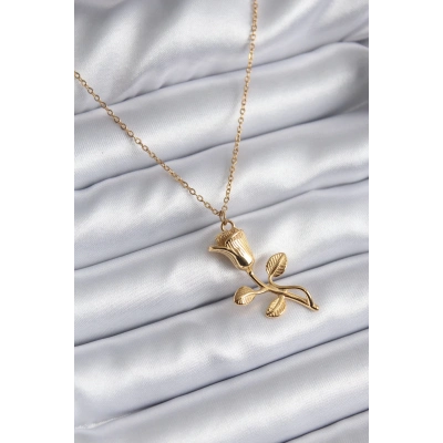 316L Çelik Gold Renk Gül Model Kadın Kolye