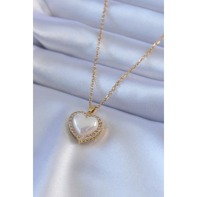316L Çelik Gold Renk İncili Kalp Model Zirkon Taşlı Kadın Kolye