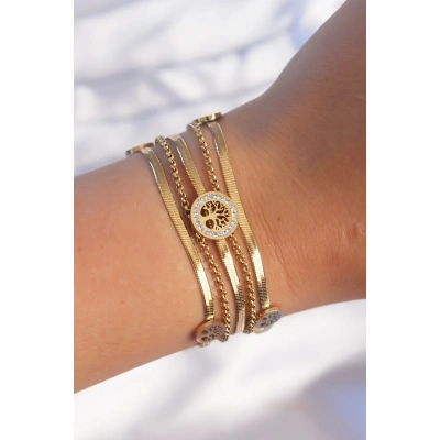 316L Çelik Gold Renk İtalyan Zincir Detaylı Zirkon Taşlı Yaşam Ağacı Tasarımlı Çoklu Bileklik