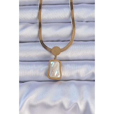 316L Çelik Gold Renk İtalyan Zincir Ezme Taşlı Kolye