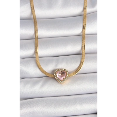 316L Çelik Gold Renk İtalyan Zincir Pembe Zirkon Taşlı Kalp Model Kadın Kolye