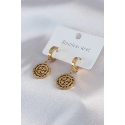 316L Çelik Gold Renk Kalp Model İşleme Detay Kadın Küpe