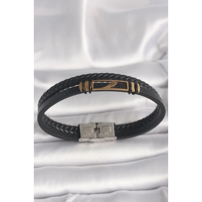 316L Çelik Gold Renk Kanat Aksesuarlı Siyah Burgu Model Deri Kordon Erkek Bileklik