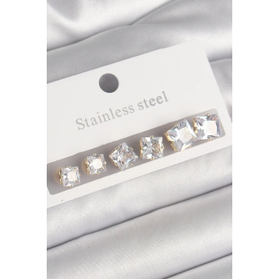 316L Çelik Gold Renk Kare Zirkon Taş Model Kadın Küpe Seti