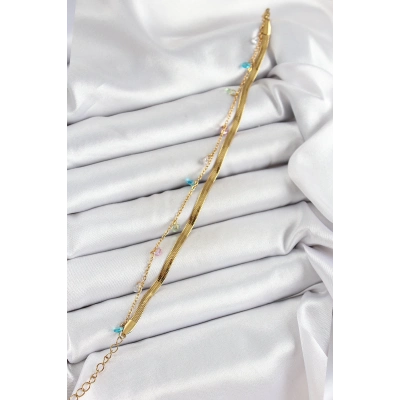 316L Çelik Gold Renk Karışık Renkli Kristal Taşlı 2li Kadın Bileklik