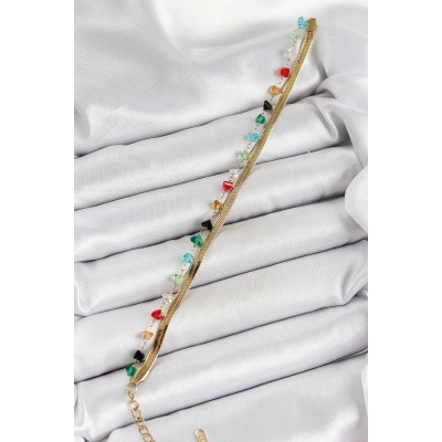 316L Çelik Gold Renk Kristal Karışık Renkli Taşlı 2li Kadın Bileklik