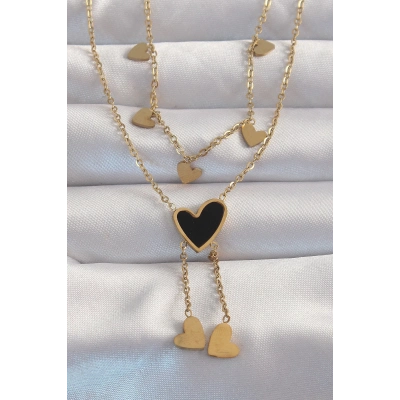 316L Çelik Gold Renk Mineli Çoklu Kalp Kolye