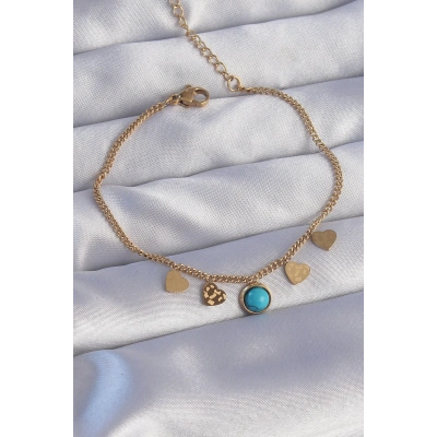 316L Çelik Gold Renk Minimal Kalpli Mavi Taş Detaylı Bileklik