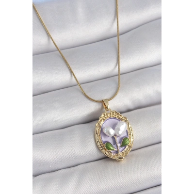 316L Çelik Gold Renk Mor İncili Çiçek İşlemeli Portre Model Kadın Kolye