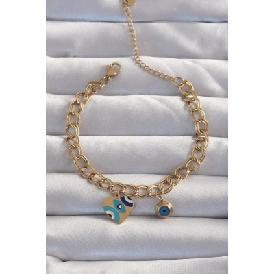 316L Çelik Gold Renk Nazarlı Kalp Model Zincir Bileklik