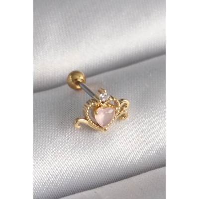 316L Çelik Gold Renk Pembe Mineli Kalp Zirkon Taş Detay Tragus Piercing