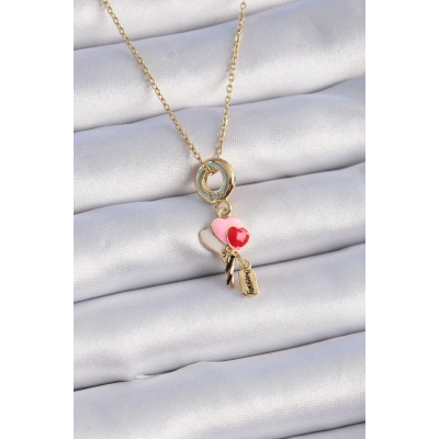 316L Çelik Gold Renk Renkli Kalp Figür Charm Model Kadın Kolye