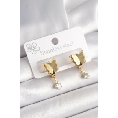 316L Çelik Gold Renk Sallantı Zirkon Taş Detaylı Simli Kelebek Model Kadın Küpe
