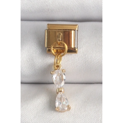316L Çelik Gold Renk Sallantı Zirkon Taşlı Kurdele Model Nomination Charm