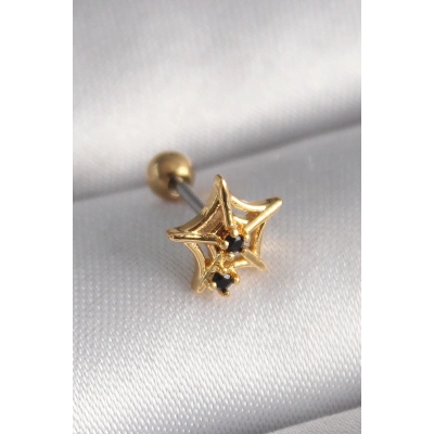 316L Çelik Gold Renk Siyah Zirkon Taş Detay Örümcek Ağ Model Tragus Piercing