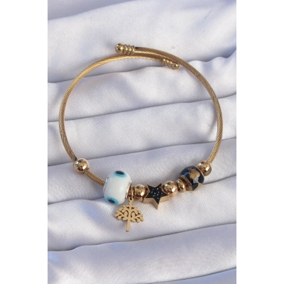 316L Çelik Gold Renk Siyah Zirkon Taşlı Yıldız Tasarımlı Ağaç Detay Nazarlı Charm Bileklik