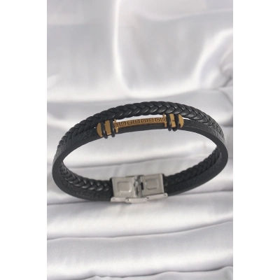 316L Çelik Gold Renk ZikZak İşlemeli Aksesuarlı Çift Sıra Burgu Desenli Deri Kordon Erkek Bileklik